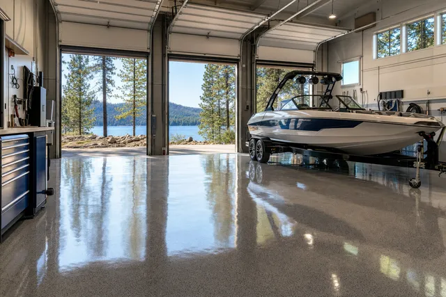 Wakeboard boat on a trailer parked on a high-gloss coated floor in a bright marine service shop