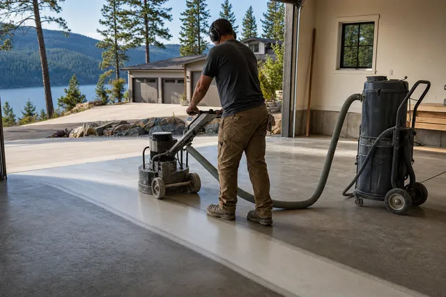 Walk-behind diamond grinder with a dust extractor mid-pass on a bare garage slab, lake and pines through the open door