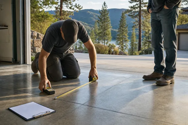 Installer kneeling on a bare garage slab with a moisture meter and tape measure while the homeowner looks on