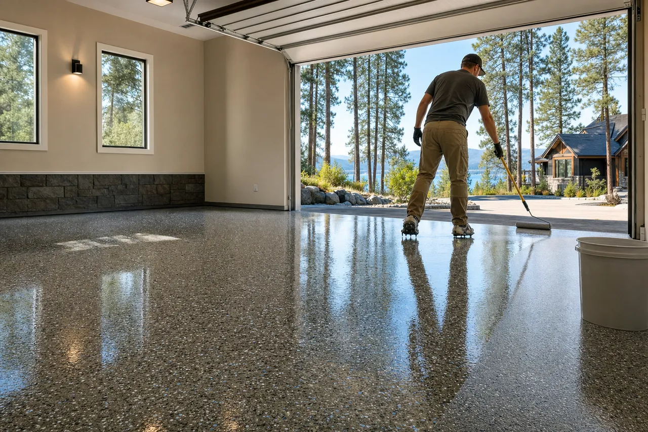 Installer in spiked shoes back-rolling a glossy clear coat over fresh color flake, garage door open to pines and a sunny Coeur d'Alene driveway
