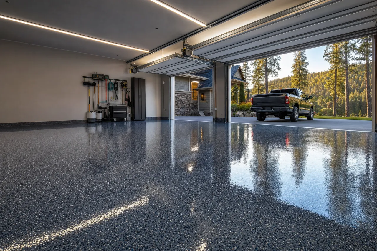 Three-car garage with a glossy slate-blue flake floor reflecting the shop lights and open doors, ponderosa pines and a forested ridge outside