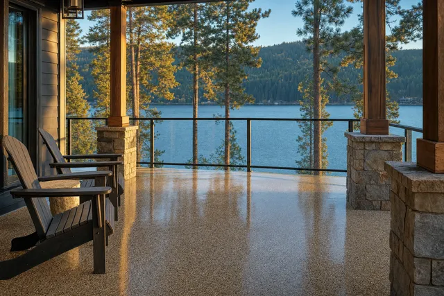 Covered lakeside patio with a freshly coated stone-flake concrete surface overlooking Lake Coeur d'Alene