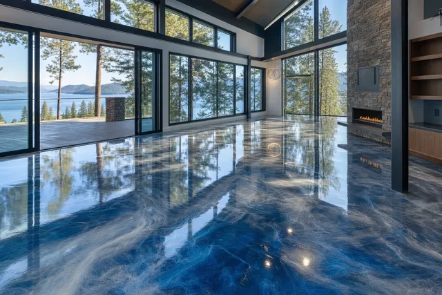 Swirling blue and silver metallic epoxy floor in a lake-view great room