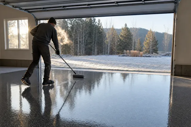 Installer rolling a fast-cure coating across a garage floor on a frosty North Idaho morning