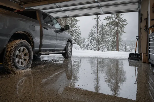Pickup with snow-packed wheel wells parked on a coated garage floor, road grit and meltwater pooled under it, snow outside